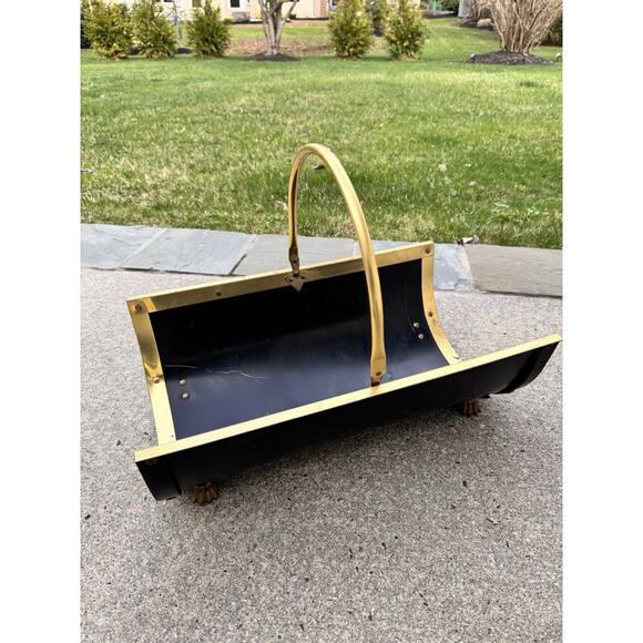 Vintage Fireplace Log Fire Wood Kindling Holder Basket tools brass metal 21x13” - Picture 1 of 12